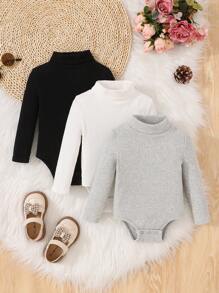 SHEIN Đứa bé gái 3pcs Đồ đan Ribbed Áo cao cổ Áo liền quần chặt - Đen và trắng - Xem 1