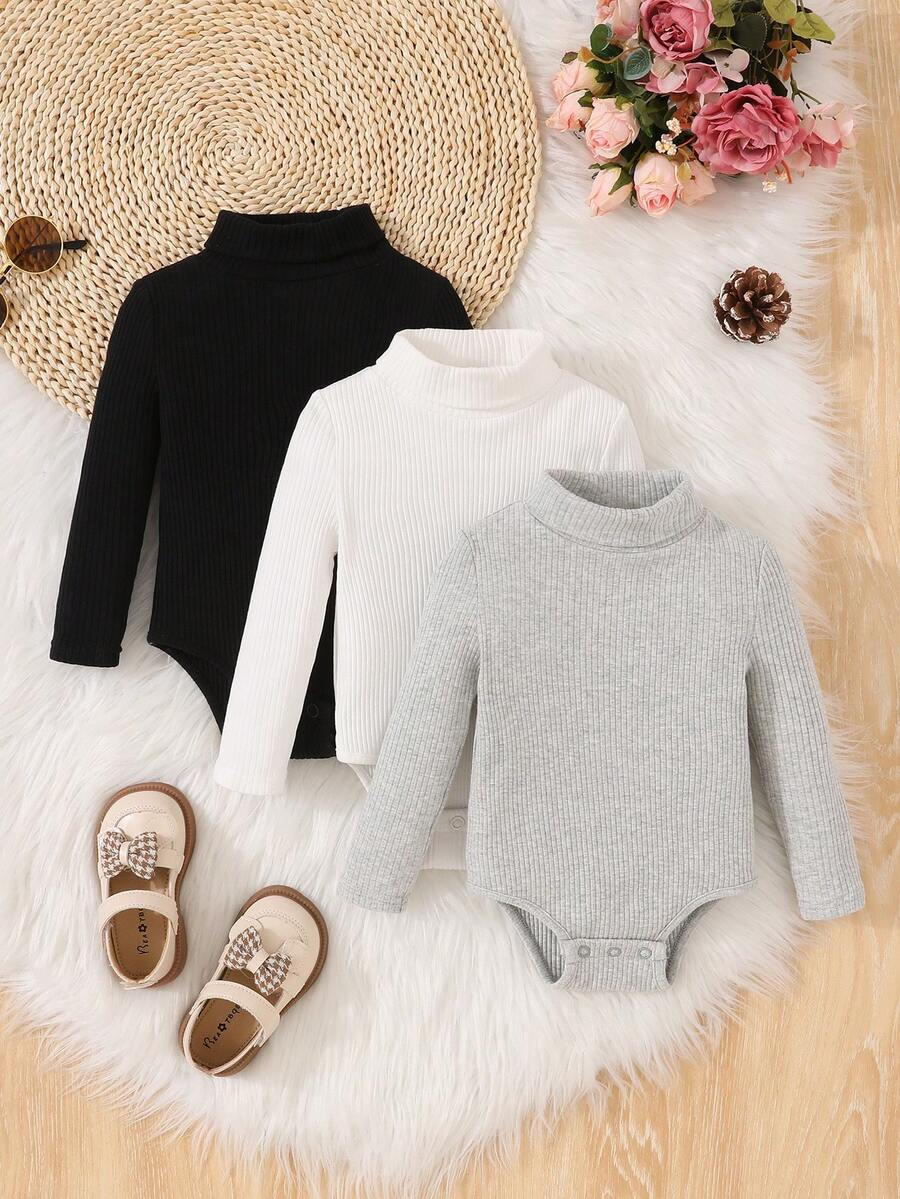 SHEIN Đứa bé gái 3pcs Đồ đan Ribbed Áo cao cổ Áo liền quần chặt - Đen và trắng - Xem 1