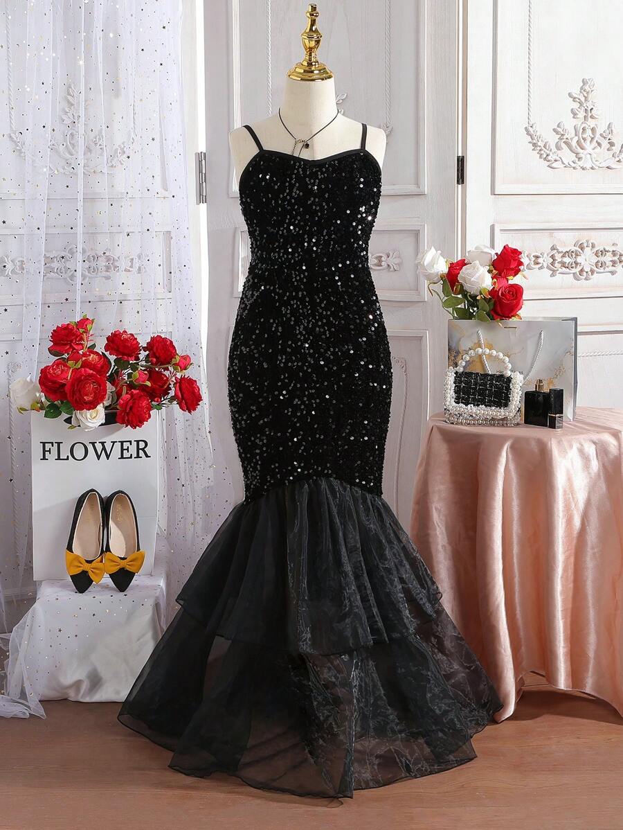 SHEIN Tween Girl Elegant Mermaid Sequin Spaghetti Strap Bodycon Party Dress, Flower Girl Dress, Hostess Dress, Birthday Party Dress - Black - View 1