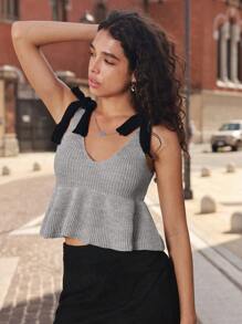 SHEIN Unity Strick Top mit Knoten auf Schulter und Rüschenbesatz - Grau - Übersicht 1