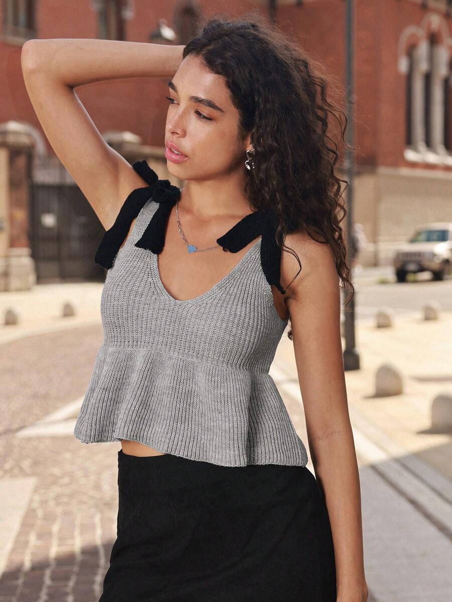 SHEIN Unity Strick Top mit Knoten auf Schulter und Rüschenbesatz - Grau - Übersicht 1
