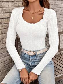 SHEIN LUNE Scallop Trim Ribbed Knit Scoop Neck Sweater - White - View 6