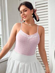 SHEIN EZwear 大碼蕾絲拼接網眼刺繡吊帶連體衣 - 粉色 - 查看 6