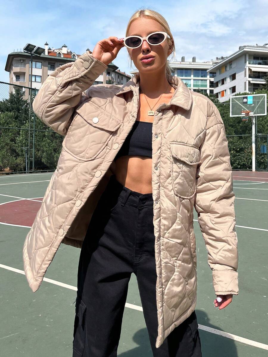 SHEIN Cottnline Flap Pocket Drop Shoulder Quilted Coat - Beige - View 1