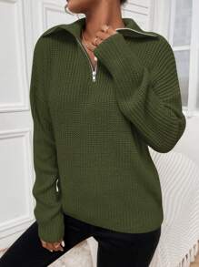 SHEIN Unity Zipper Front Drop Shoulder Ribbed Knit Pullover Fall Winter Sweater - Army Green - View 4