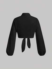 SHEIN MOD 素色前紐扣下擺打結襯衫 - 黑色 - 查看 2