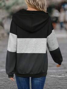 SHEIN LUNE Khối màu Một nửa khóa kéo Túi kangaroo Dây rút Hoodie - Nhiều màu - Xem 2