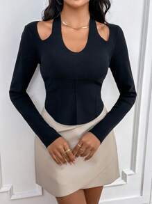 Zolique Solid Asymmetrical Neck Cut Out Slim Fit Sweater Knit Pullover Fall Winter Outfit