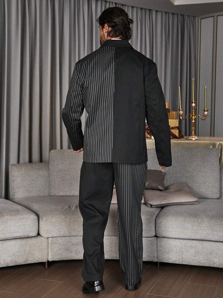 Men Plus Striped Print Double Breasted Blazer & Suit Pants