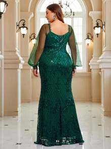 SHEIN Belle Plus Contrast Mesh Lantern Sleeve Sequin Formal Dress - Dark Green - View 3