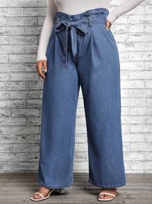 SHEIN LUNE Plus Paperbag Waist Belted Wide Leg Jeans - Medium Wash - View 5