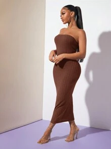 SHEIN SXY Solid Tube Bodycon Dress - Coffee - View 5