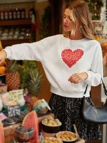 SHEIN Frenchy 愛心圖案落肩袖運動衫 - 白色 - 查看 3