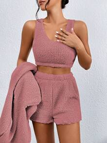 SHEIN Unity Áo khoác dài tay có mũ trùm đầu màu trơn cho nữ, cổ tròn, áo vest + quần short cạp chun, bộ đồ thường ngày - Hồng - Xem 4