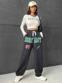 SHEIN EZwear 字母圖案腰部抽繩衛褲 - 灰色 - 查看 3