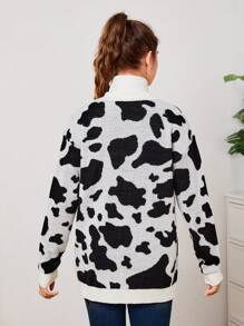 Teen Girl Cow Pattern Button Front Cardigan - Black and White - View 2