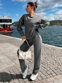 RueChic Solid Drop Shoulder Tee & Sweatpants - Dark Grey - View 4