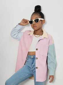 SHEIN 女大童撞色落肩袖燈芯絨大衣 - 卡其色 - 查看 4