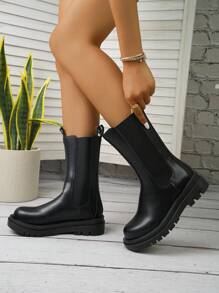 Autumn/Winter Thick Bottom Mid-Calf Elastic Double Boots For Teenagers - Black - View 2