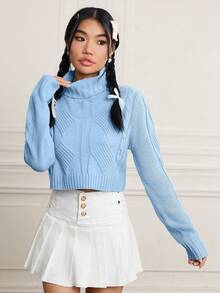 SHEIN MOD Turtleneck Cable Knit Turtleneck Crop Sweater - Blue - View 5