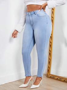 SHEIN SXY Plus High Waist Skinny Jeans - Light Wash - View 5