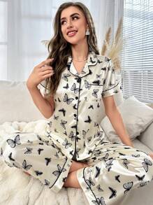 蝴蝶印花撞色滚边缎面睡衣套装 / 睡衣套装 - 杏色 - 查看 3