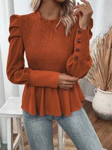 SHEIN Unity Frill Trim Puff Sleeve Peplum Blouse - Brown - View 6