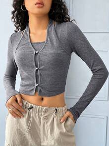 SHEIN EZwear 前紐扣繞頸短款T恤 - 灰色 - 查看 5