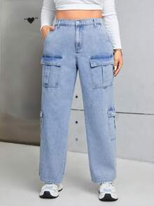 SHEIN ICON Hơn Cao eo Túi có nắp Quần jean - Rửa nhẹ - Xem 3