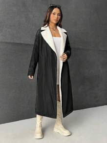 SHEIN EZwear 西裝領毛絨內襯PU皮革外套 - 黑色 - 查看 4