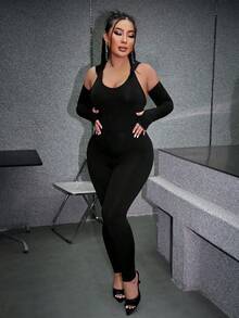 SHEIN SXY Mono unitard unicolor de espalda abierta con cordón con capucha - Negro - Ver 5