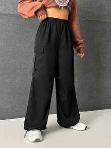 SHEIN EZwear 側翻蓋口袋抽繩下擺降落傘褲 - 黑色 - 查看 3