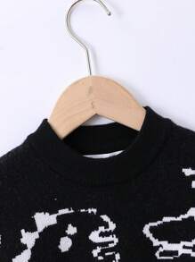 Young Boy Cartoon & Letter Pattern Sweater - Black - View 5