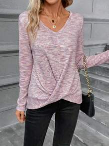 SHEIN Frenchy Space Dye Twist Hem Tee - Pink - View 5