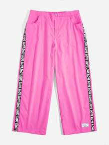 SHEIN EZwear Plus Letter Patched Detail Contrast Tape Split Hem Wide Leg Pants - Pink - View 5
