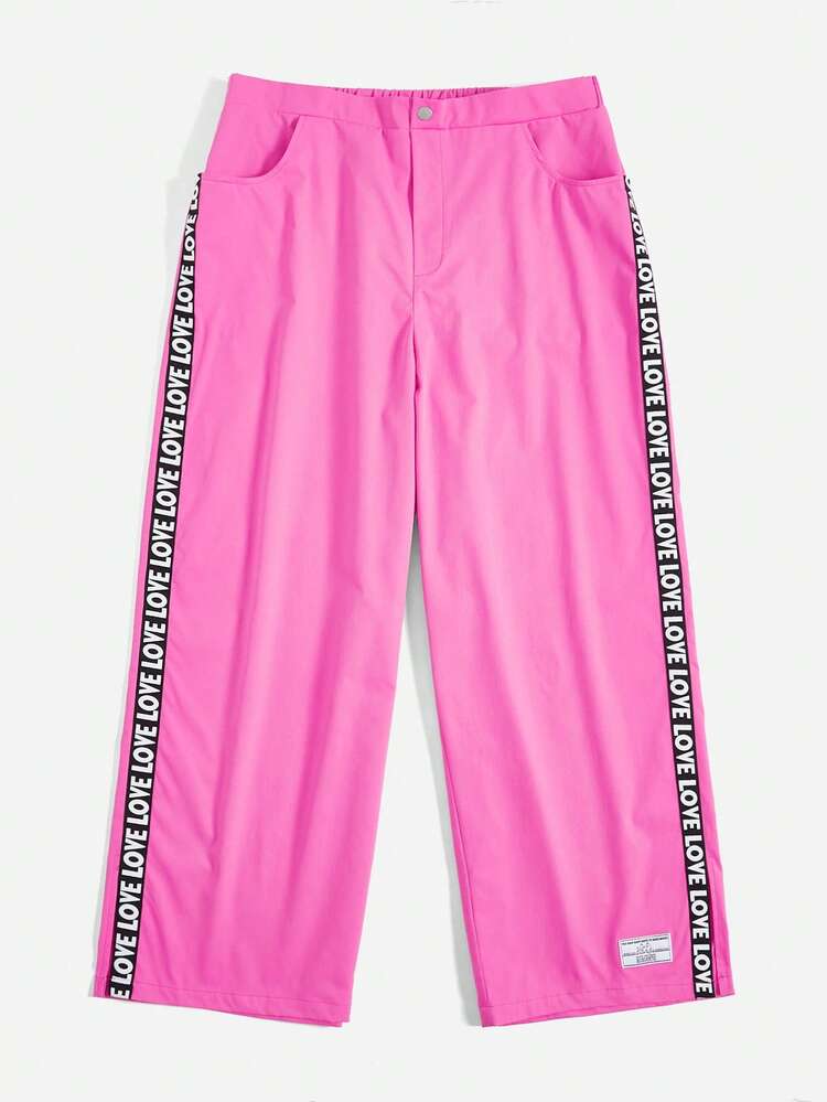 Plus Letter Patched Detail Contrast Tape Split Hem Wide Leg Pants