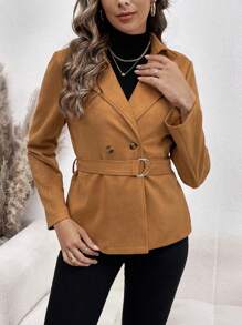 SHEIN Clasi 西裝領雙排釦腰帶仿麂皮外套 - 卡其色 - 查看 6