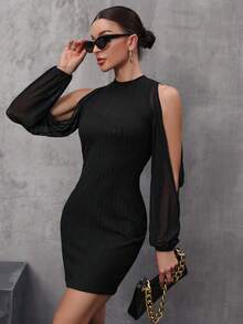 SHEIN Privé Vestido ajustado de hombros descubiertos de manga con abertura - Negro - Ver 6