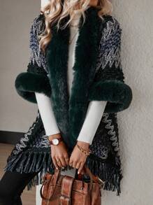 SHEIN Unity Pattern Fuzzy Trim Fringe Hem Batwing Sleeve Duster Cardigan - Multicolor - View 3