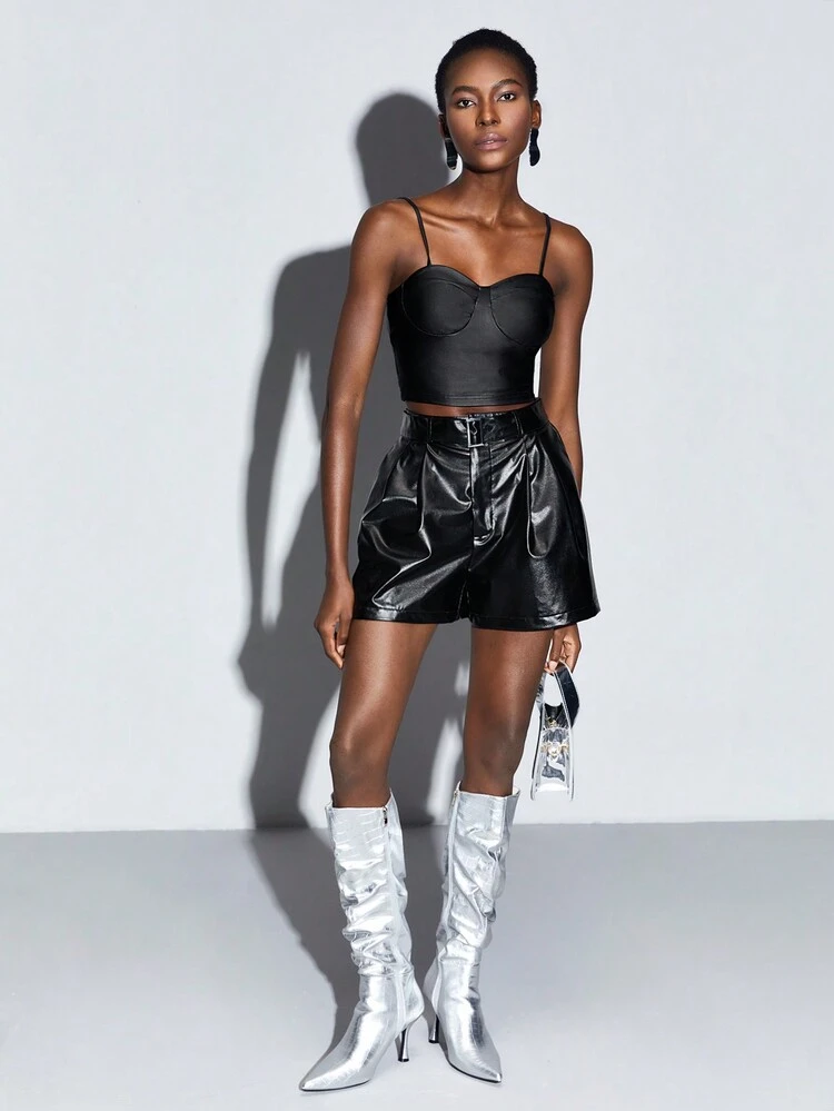 Solid Cami Top & Fold Pleated PU Leather Shorts