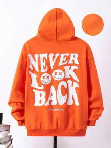 SHEIN Áo nỉ tay trễ vai in hình khẩu hiệu và hoạt hình dành cho thiếu niên nam - trái cam - Xem 1