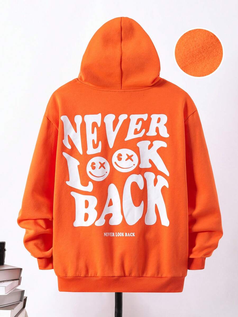 SHEIN Áo nỉ tay trễ vai in hình khẩu hiệu và hoạt hình dành cho thiếu niên nam - trái cam - Xem 1