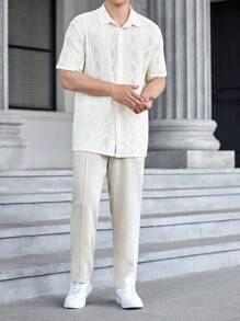 Manfinity VCAY Men Solid Button Up Shirt Baggy Short Sleeve Crochet Collar Plain White Vacation Shirt - White - View 3