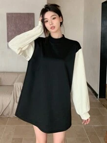 DAZY 撞色袖立领连衣裙，秋装长袖连衣裙 - 黑色 - 查看 6