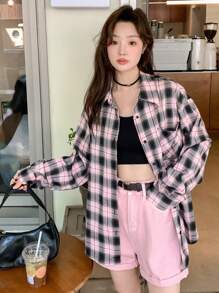 DAZY Áo cánh rộng vai trễ kẻ caro kẻ caro - Hồng - Xem 13