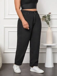 SHEIN Cottnline 大碼高腰媽媽牛仔褲 - 黑色 - 查看 5