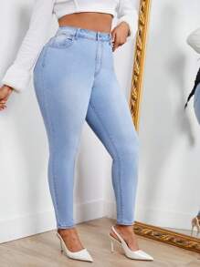 SHEIN SXY Plus High Waist Skinny Jeans - Light Wash - View 1