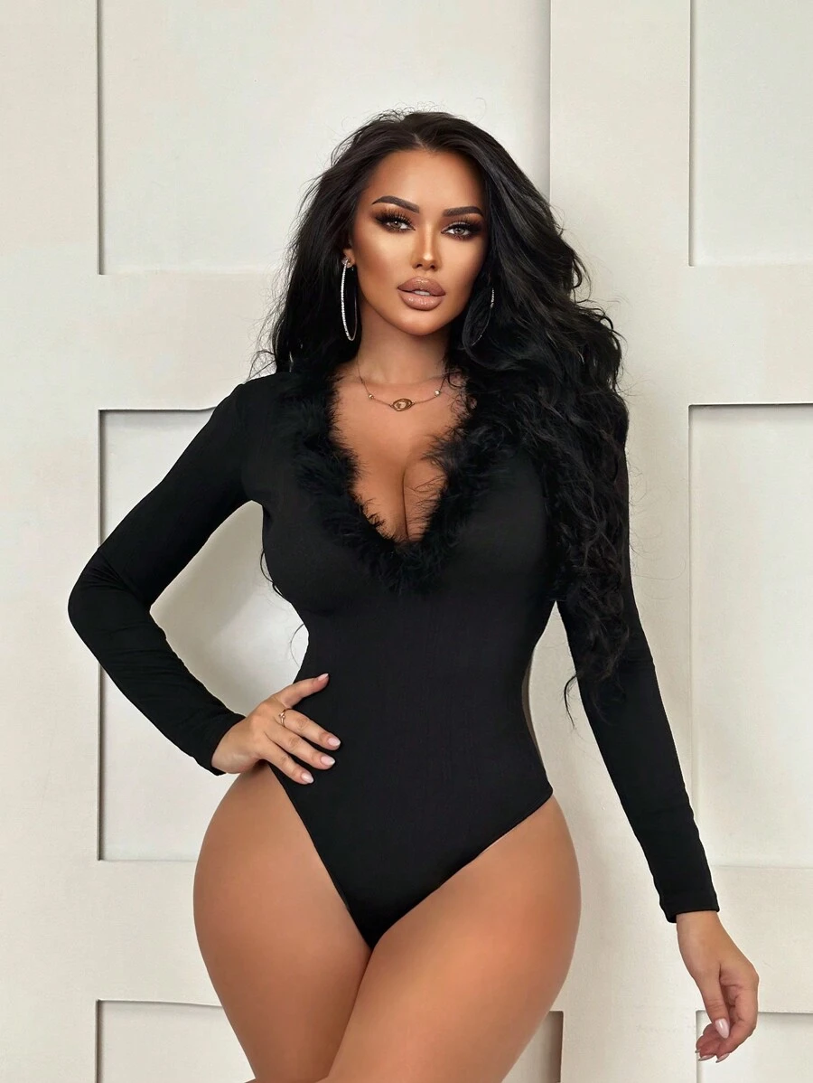 SHEIN SXY Trang trí Fuzzy Áo liền quần vừa vặn - màu đen - Xem 1