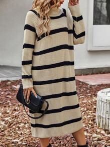 SHEIN LUNE Striped Pattern Turtleneck Drop Shoulder Sweater Dress - Multicolor - View 1