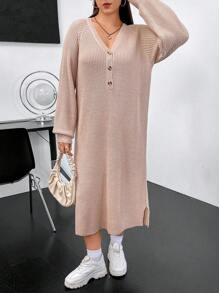Flirla Plus Raglan Sleeve Button Front Sweater Dress - Camel - View 5